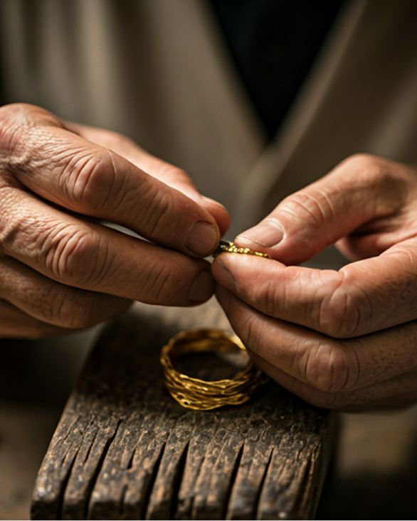 Master jeweler's hands shaping a gold ring on an anvil