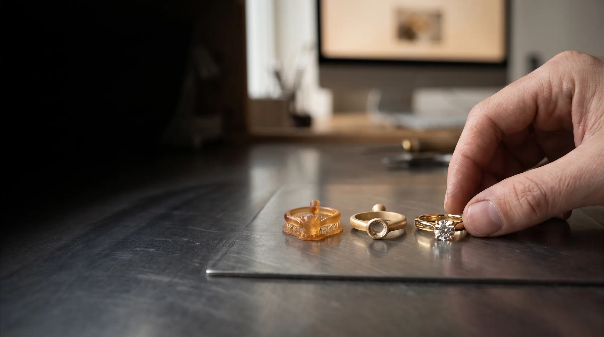 One ring in three states: 3D-printed resin pattern, raw casting, and the finished piece