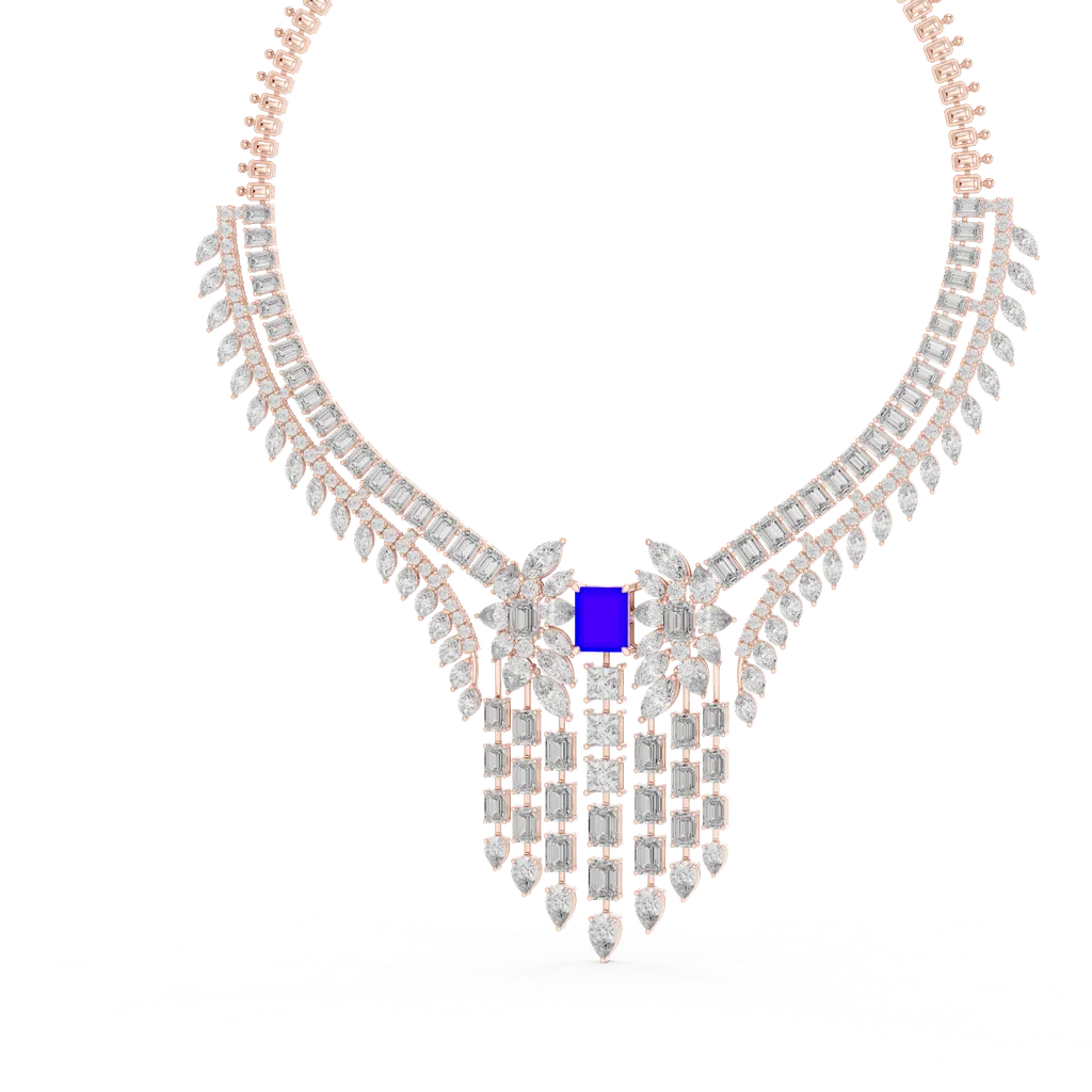 Rose gold necklace with sapphire center stone and diamond cascade
