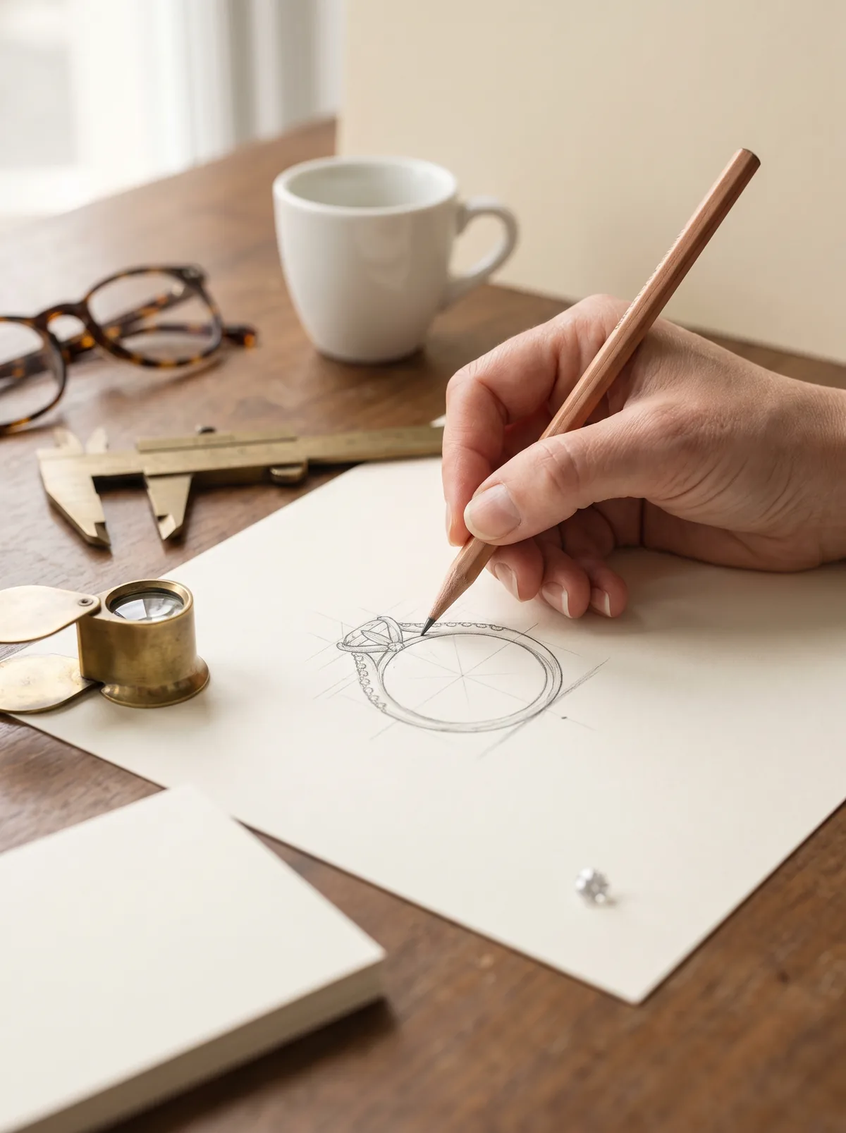 Hands sketching a ring at the atelier bench