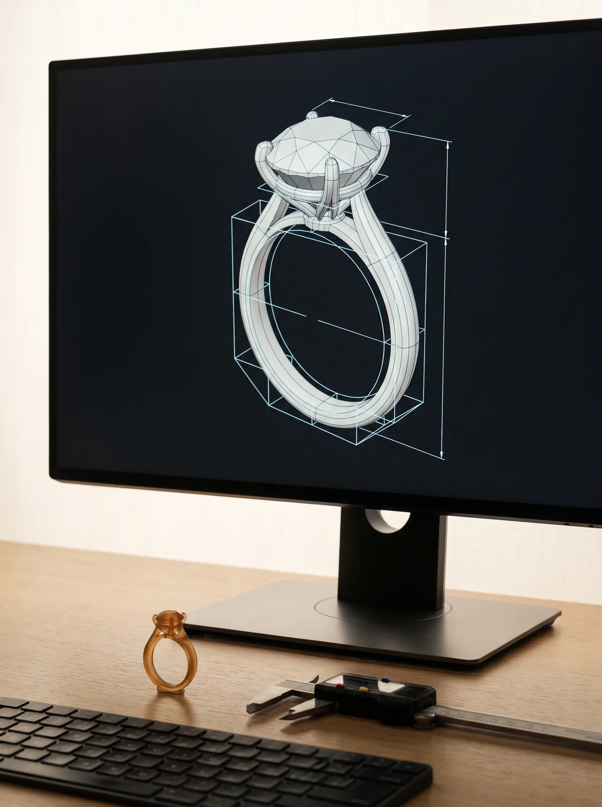 Jewelry CAD model of a ring on a studio monitor beside its printed prototype