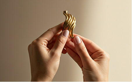 Hands inspecting a finished gold piece in soft natural light