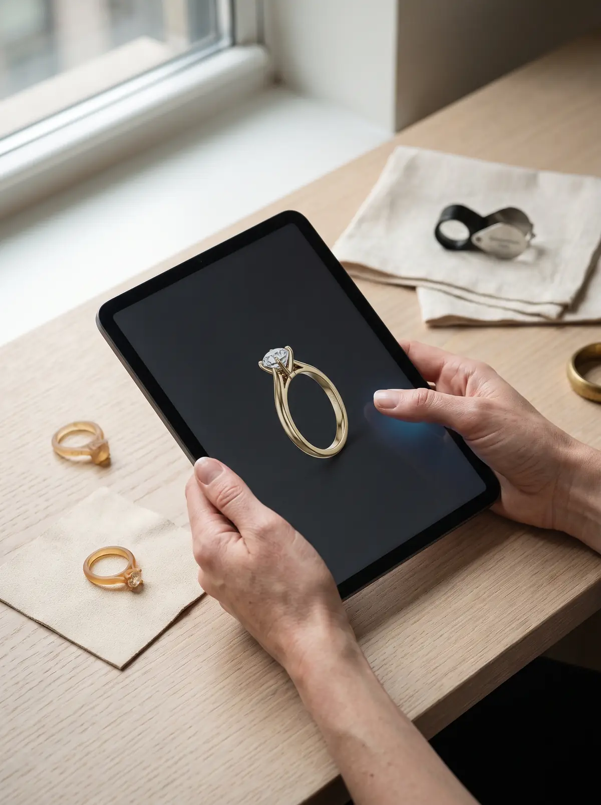 Hands holding a tablet showing the 3D render of a gold engagement ring, the printed prototype beside it on the bench