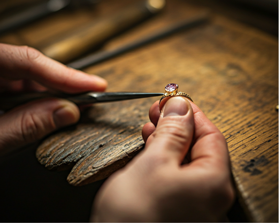Jeweler setting a pink stone into a ring using tweezers at the bench