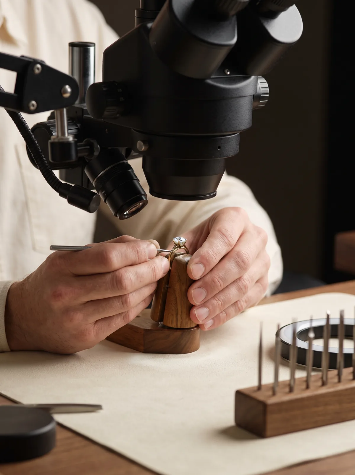 Jeweler setting a stone under a stereo microscope at the bench